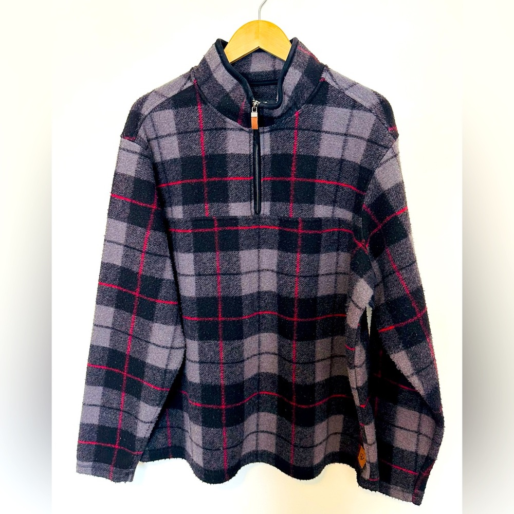 John Wayne Stock & Supply Gray and Red Buffalo Check 1/4 Zip Fleece Pullover XL